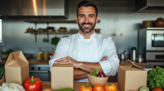 Chef de restaurant tenant des emballages écologiques dans une cuisine moderne