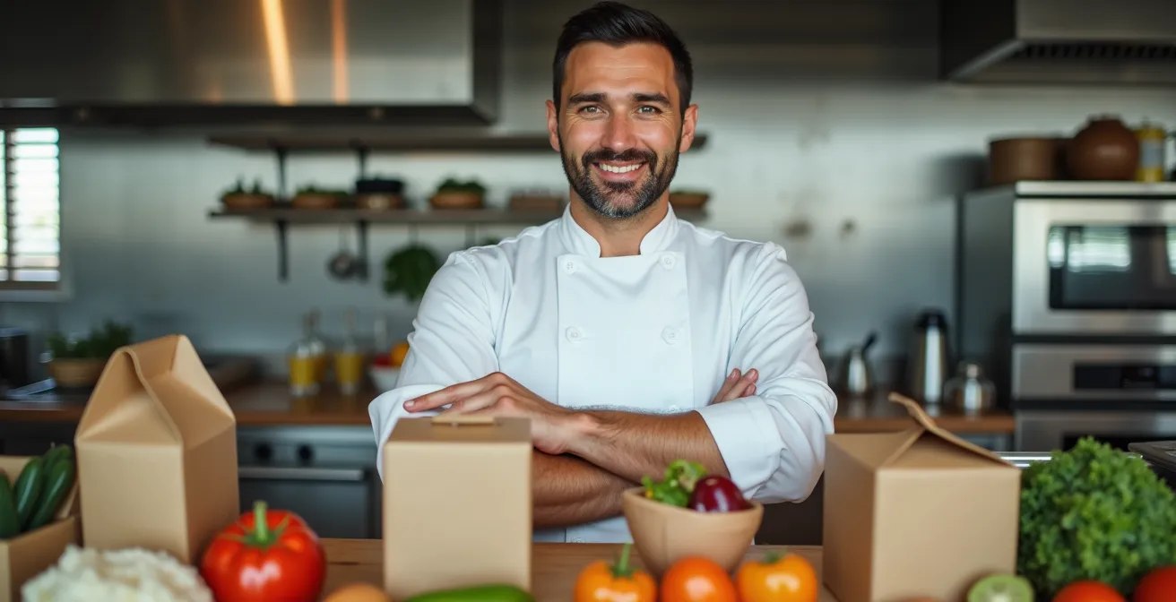 Chef de restaurant tenant des emballages écologiques dans une cuisine moderne
