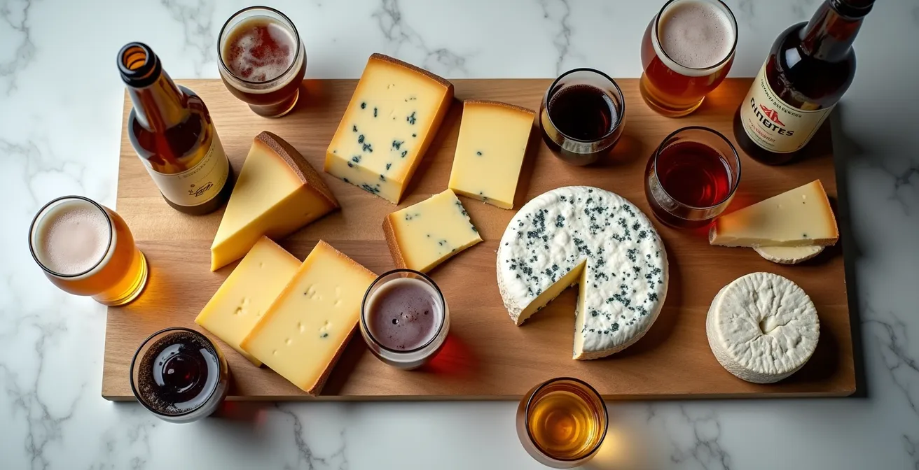 Plateau de fromages artisanaux avec sélection de bières craft