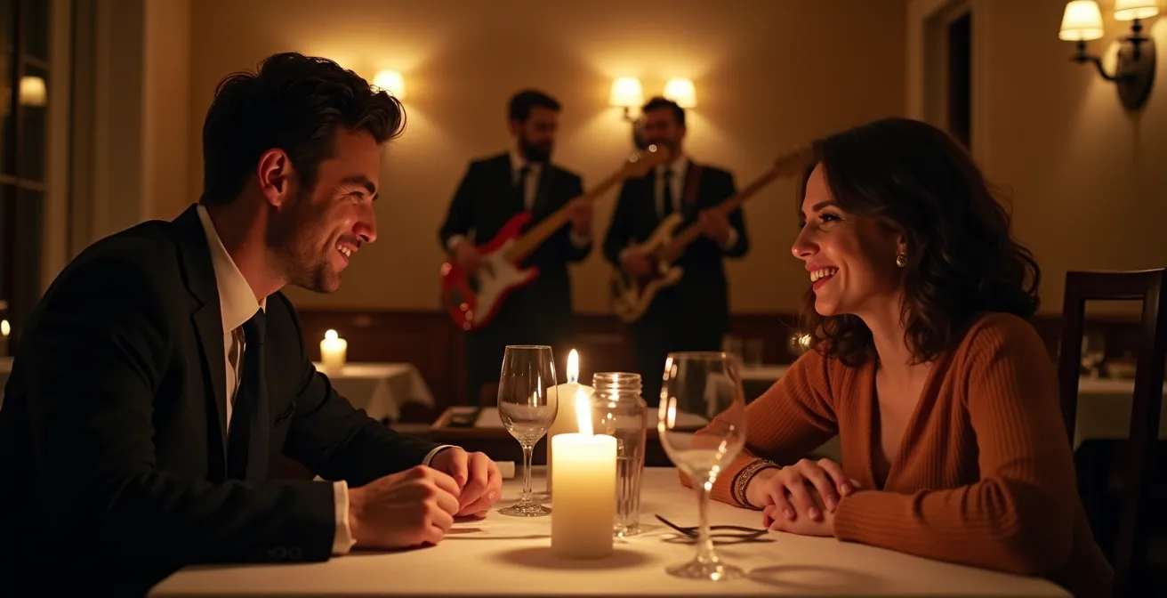 Couple attablé dans un restaurant avec trio de jazz en arrière-plan