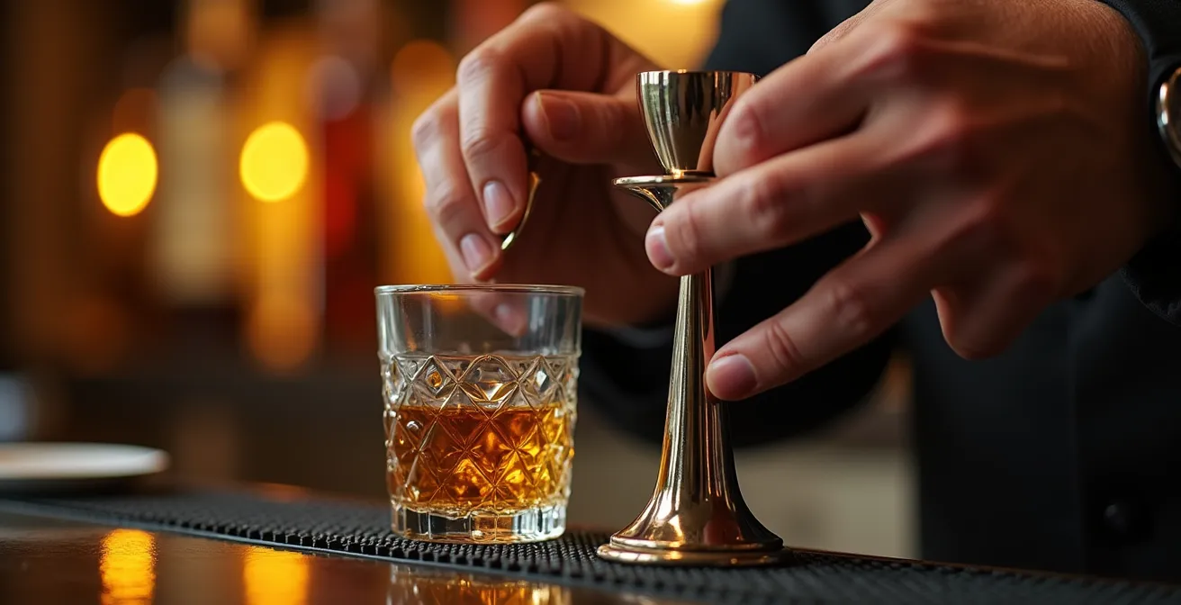 Barman professionnel préparant un cocktail avec doseur précis