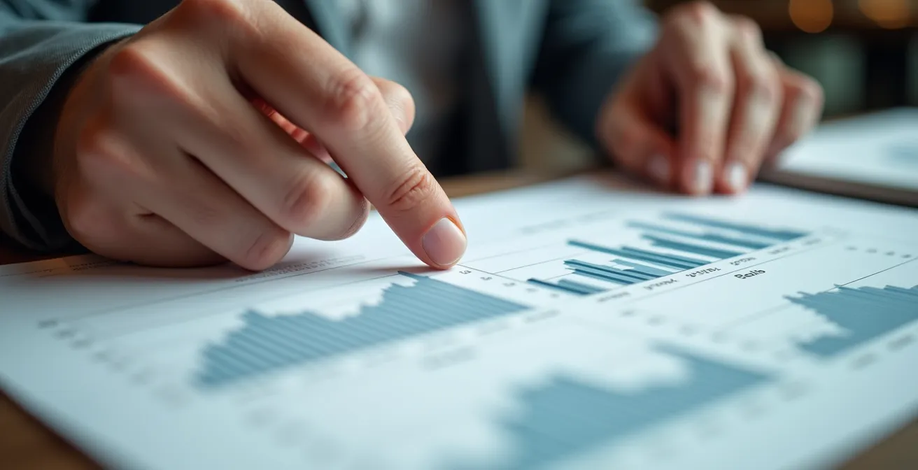 Gros plan sur des mains analysant des graphiques de ventes saisonnières avec des courbes de tendance sur une table de restaurant