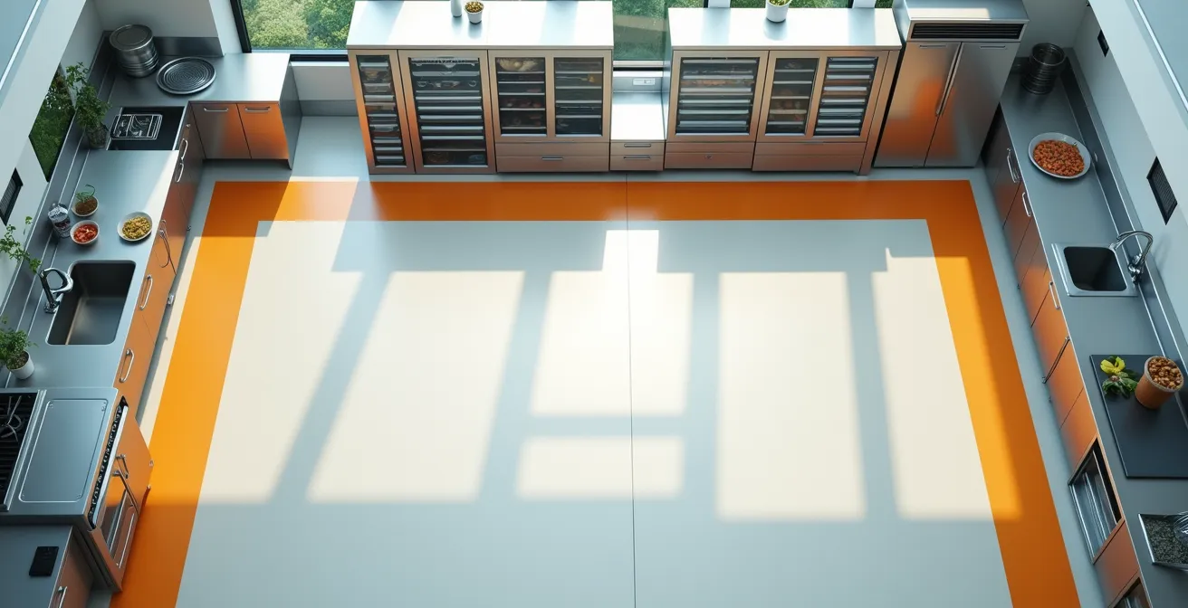 Vue aérienne d'une cuisine professionnelle montrant les flux de circulation et zones de contamination potentielle