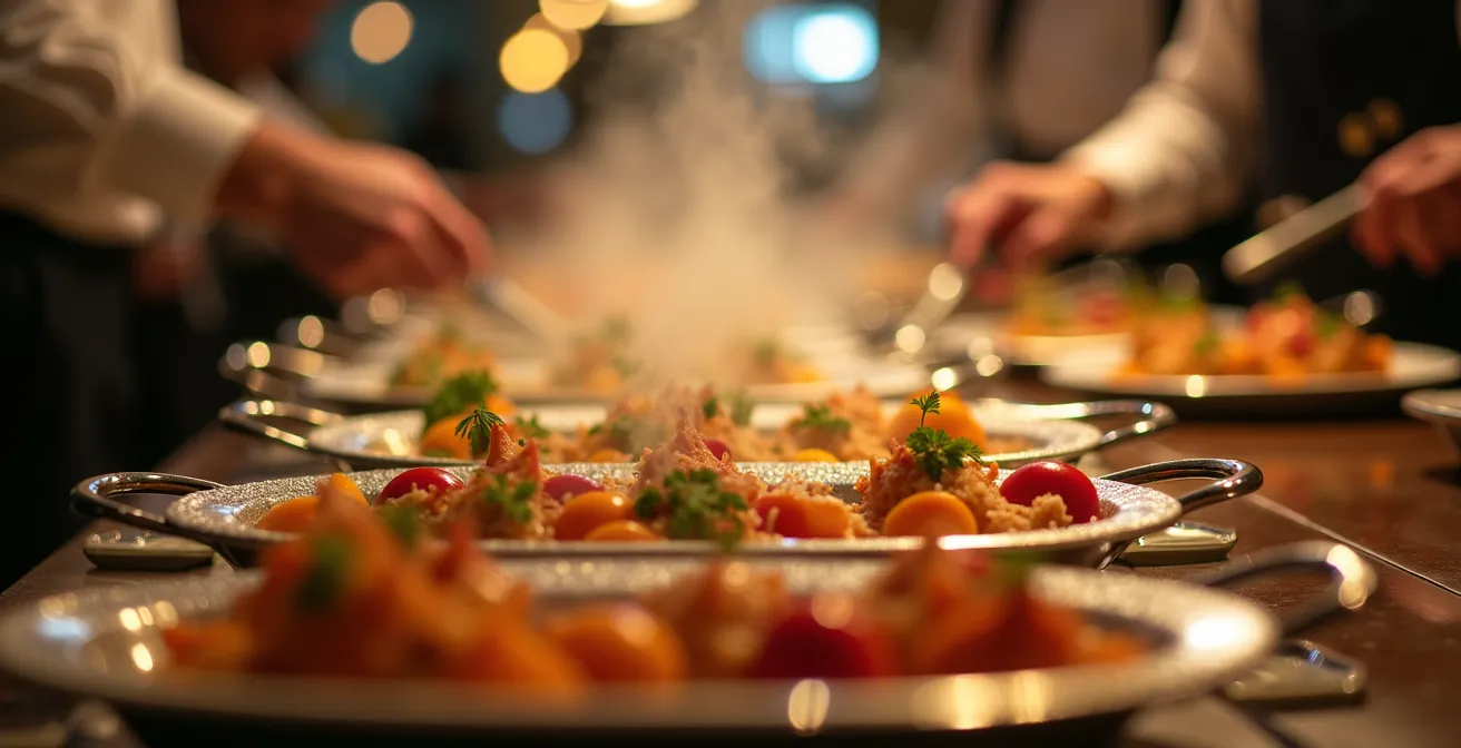 Vue d'un buffet élégamment dressé dans un restaurant avec plusieurs stations de service