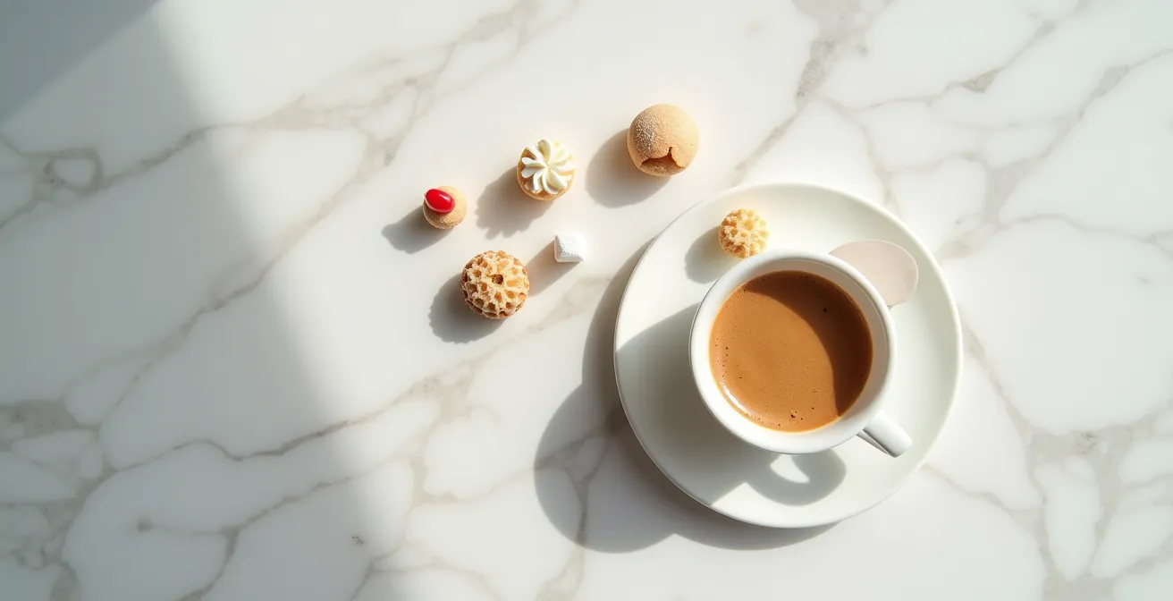 Vue aérienne d'un café gourmand disposé artistiquement sur une table de restaurant