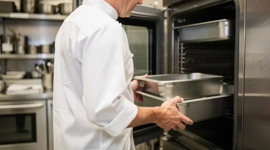 Chef chargeant des bacs gastronorme dans une cellule de refroidissement professionnelle ouverte