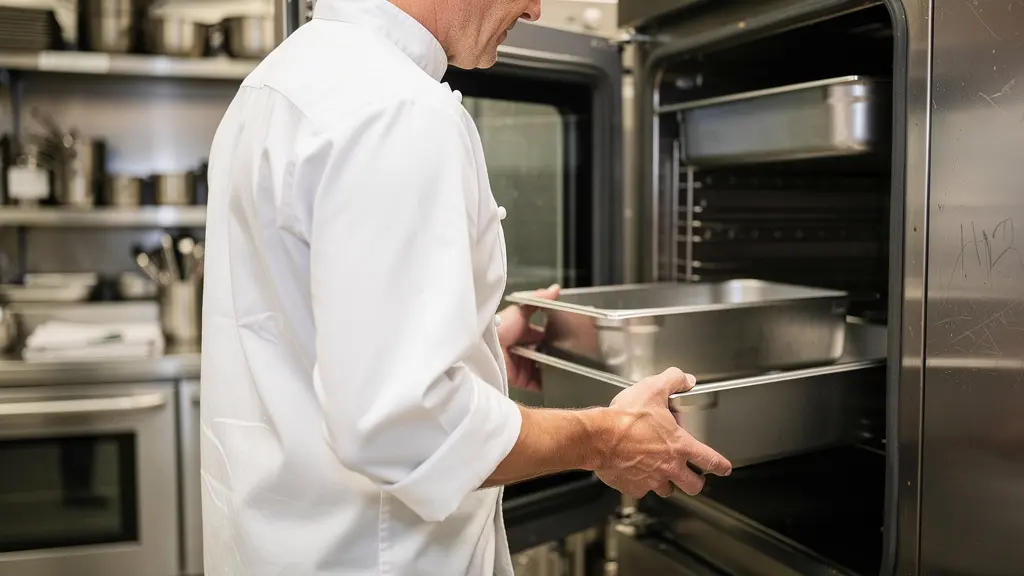 Chef chargeant des bacs gastronorme dans une cellule de refroidissement professionnelle ouverte