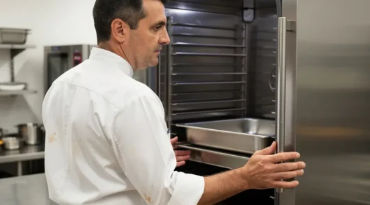 Chef inspectant une cellule de refroidissement ouverte dans une cuisine professionnelle