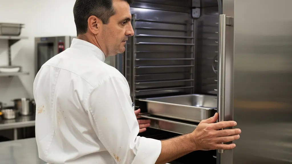 Chef inspectant une cellule de refroidissement ouverte dans une cuisine professionnelle