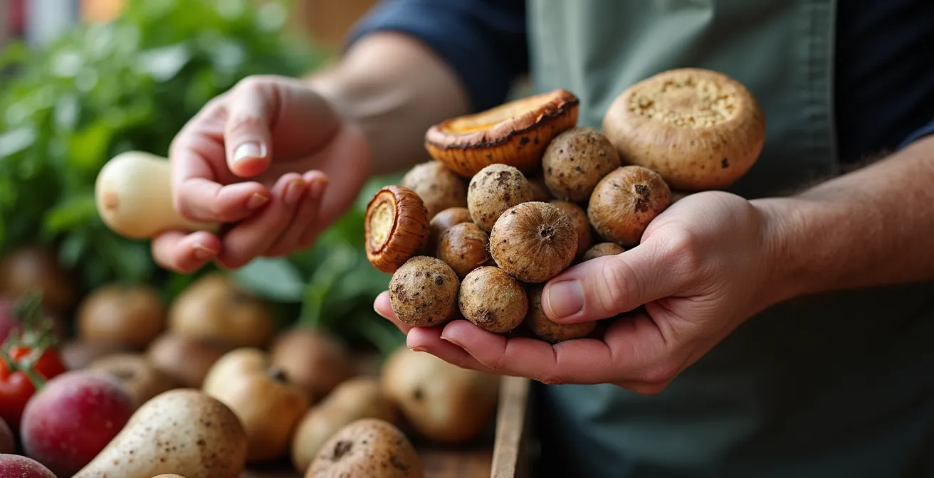 Chef sélectionnant des produits frais avec un producteur local sur un marché