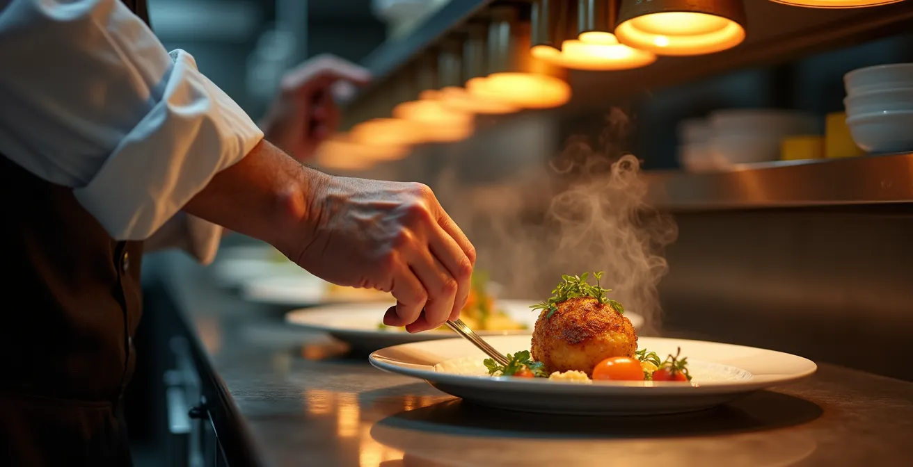 Chef vérifiant méticuleusement la température d'un plat au passe de la cuisine