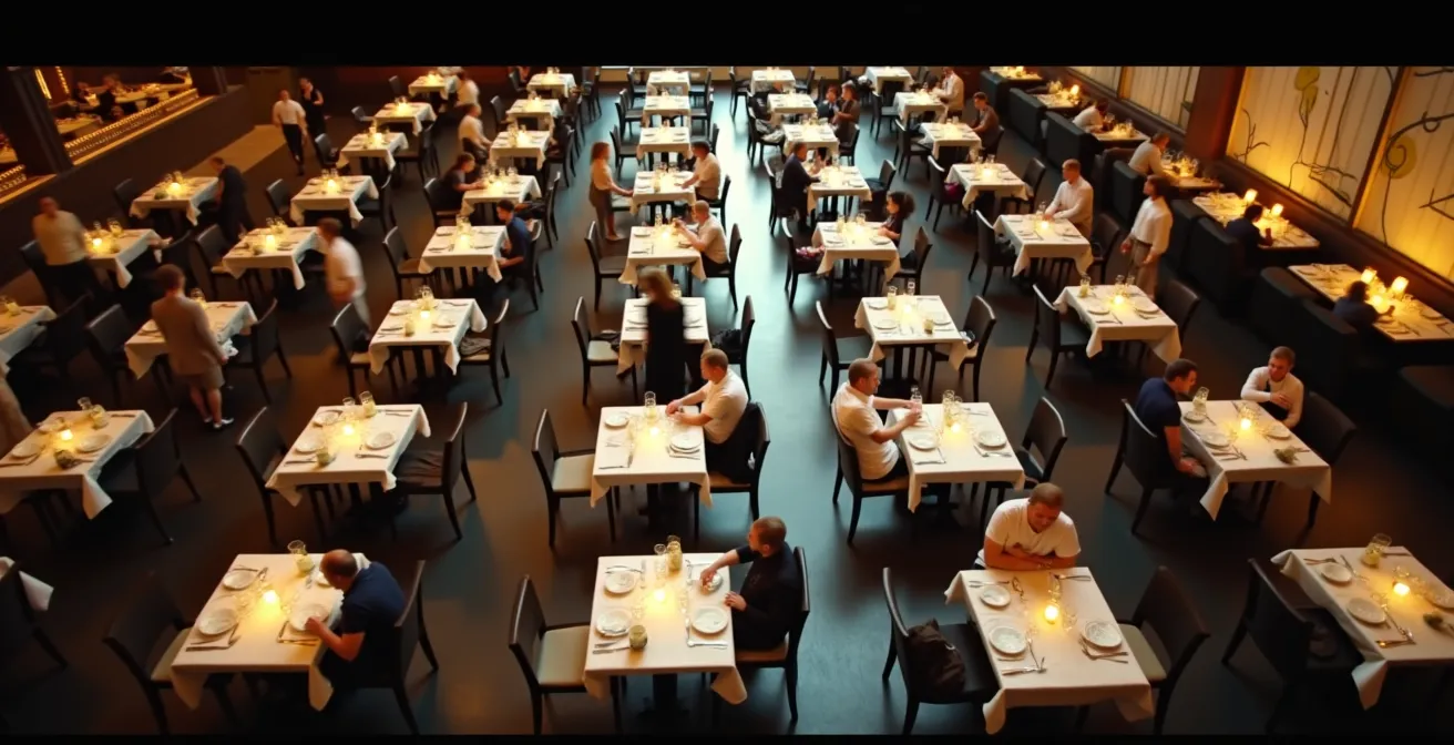 Vue aérienne d'un restaurant montrant l'organisation fluide du service avec serveurs en mouvement