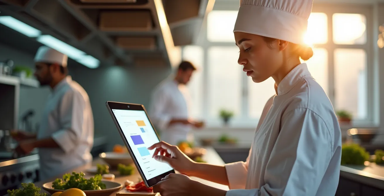 Jeune commis en cuisine consultant une tablette pendant la préparation d'un plat