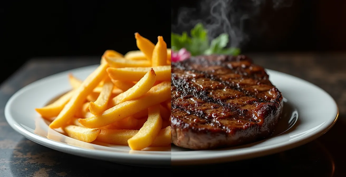 Comparaison visuelle de deux plats identiques avec des présentations différentes sur un menu de restaurant