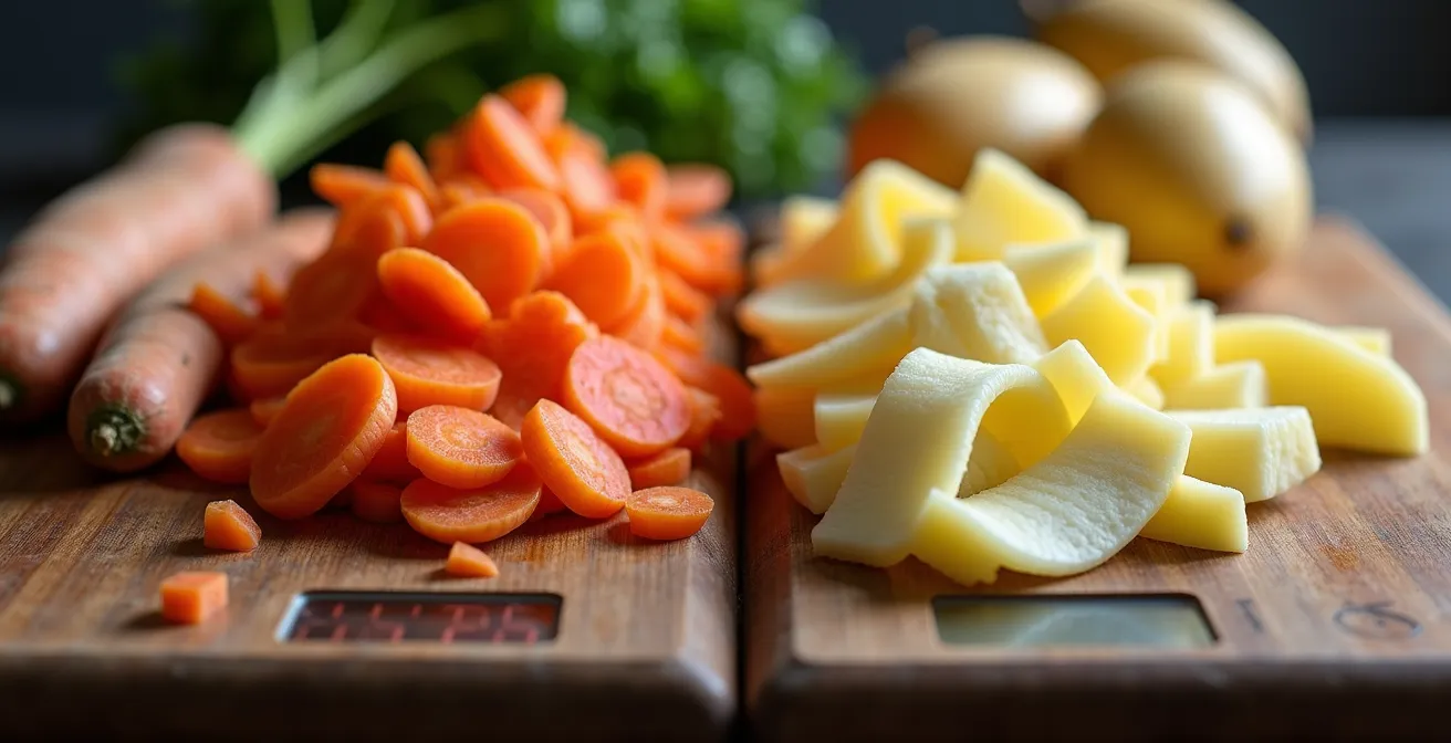 Gros plan sur des légumes avant et après épluchage avec balance affichant la différence de poids