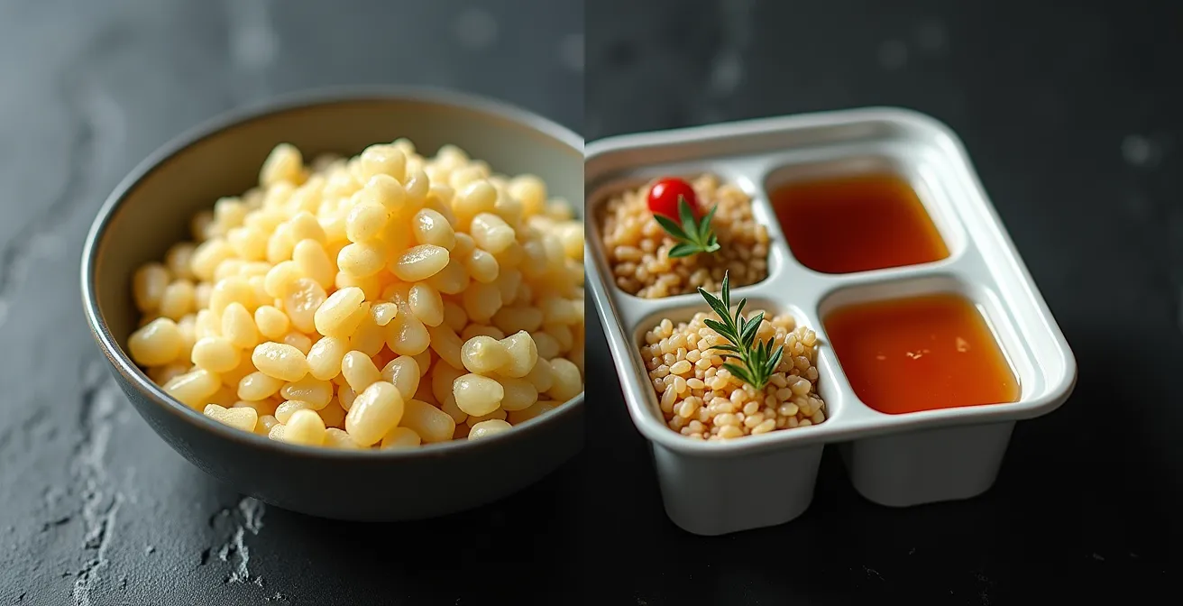 Comparaison visuelle entre un risotto et des alternatives de plats déconstruits pour la livraison