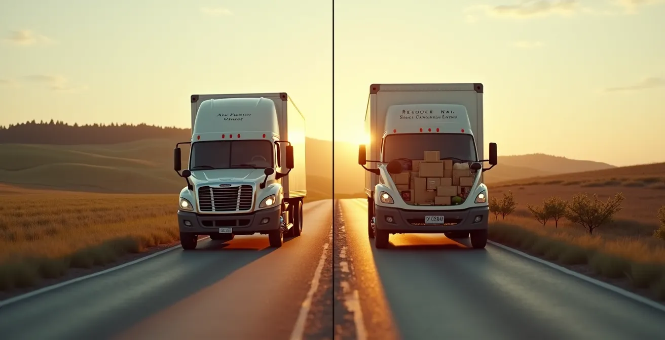 Diagramme visuel comparant les coûts de livraison directe versus retrait à la ferme avec camionnette et horloge