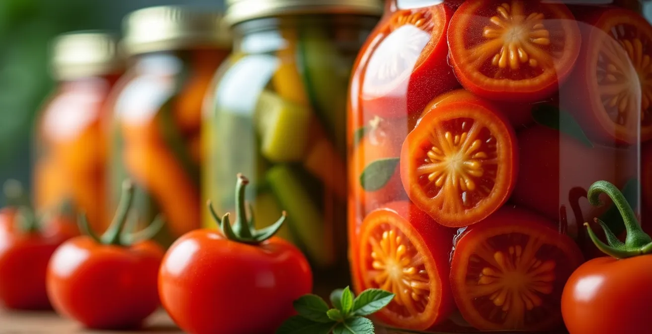 Vue macro de légumes d'été conservés dans des bocaux en verre avec texture et reflets naturels