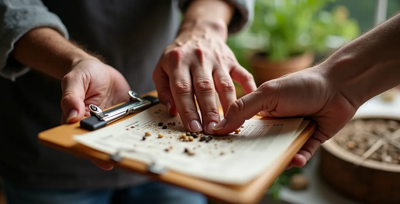 Gros plan sur des mains signant un contrat avec des graines et un calendrier de culture en arrière-plan