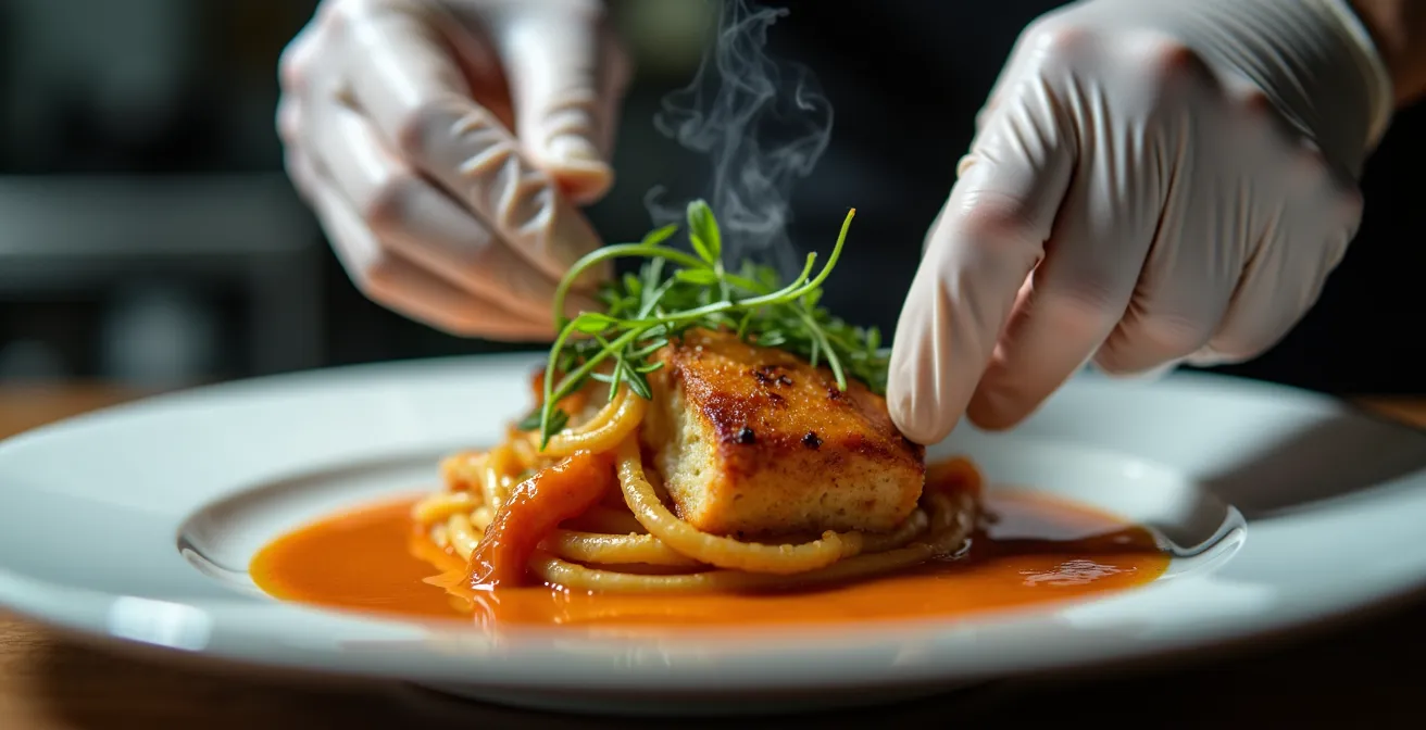 Chef vérifiant la qualité et la présentation d'une commande avant expédition