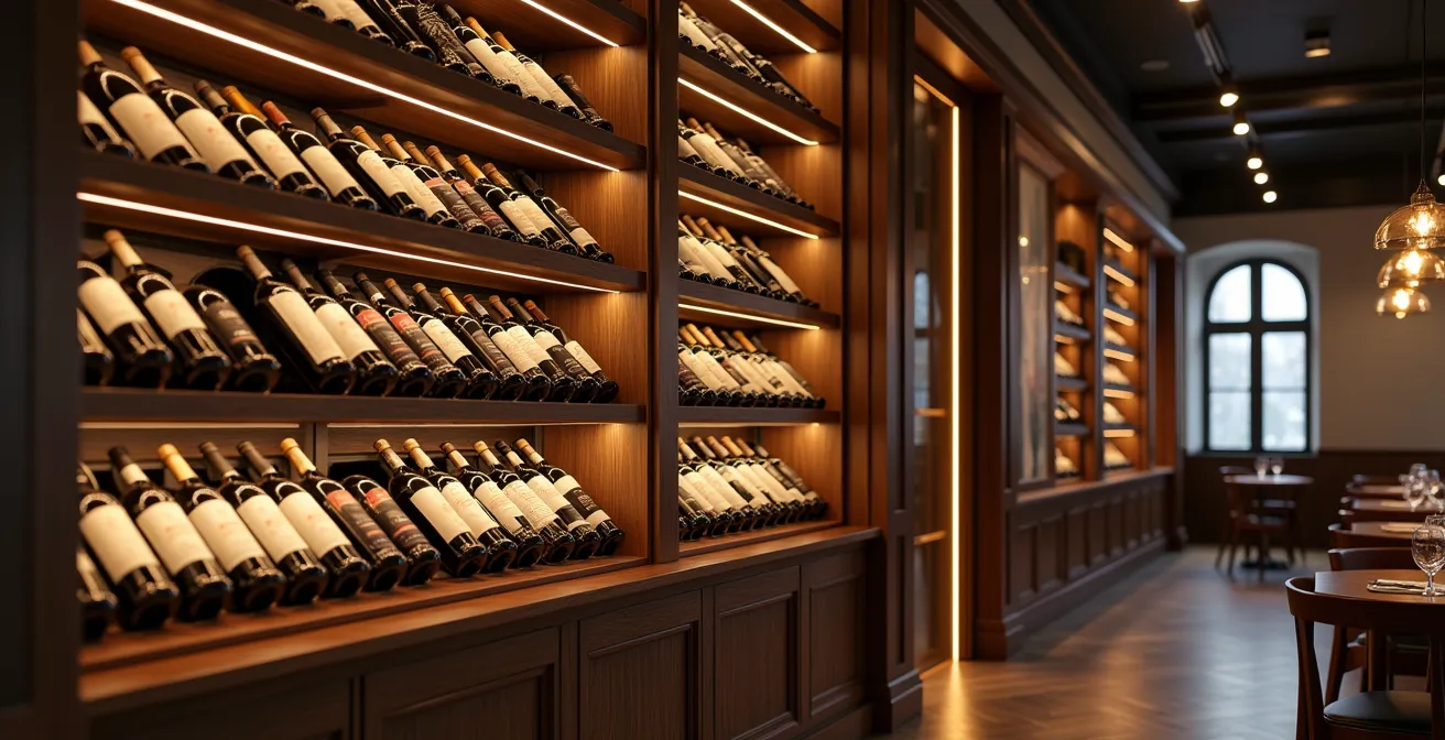 Espace de vente de bouteilles de vin élégamment éclairé dans un restaurant