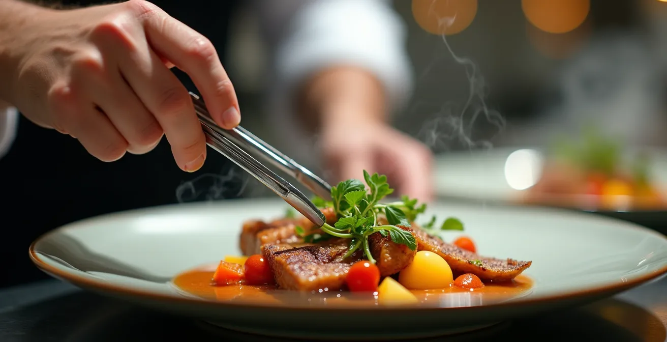 Gros plan macro sur les mains d'un chef dressant minutieusement une assiette avec des pinces de précision, vapeur visible et textures détaillées