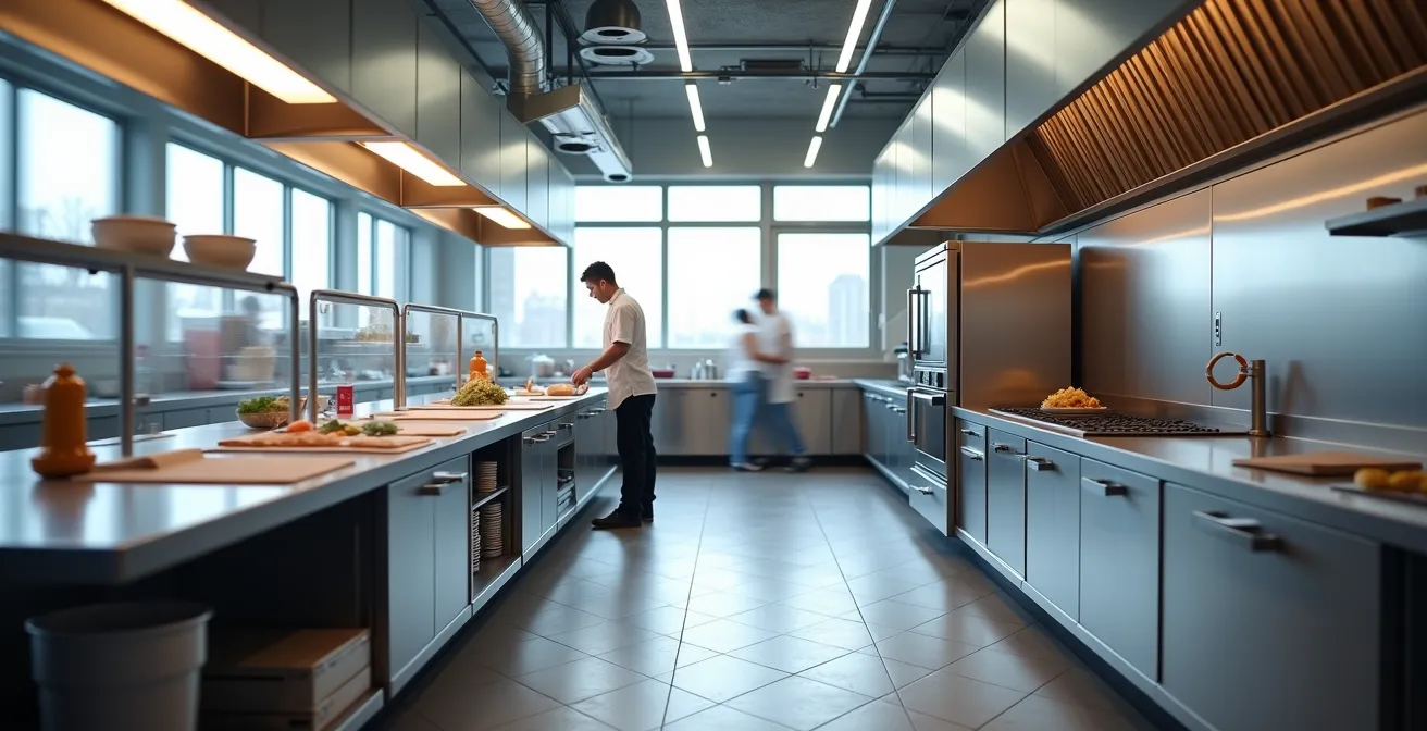Cuisine de restaurant moderne avec équipements ergonomiques, sol antidérapant et système de ventilation efficace