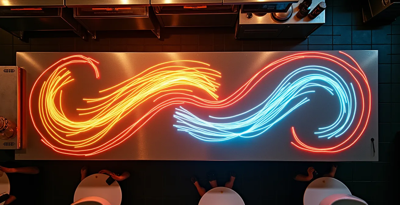 Vue aérienne d'une cuisine avec tracés colorés montrant les déplacements du personnel avant et après optimisation