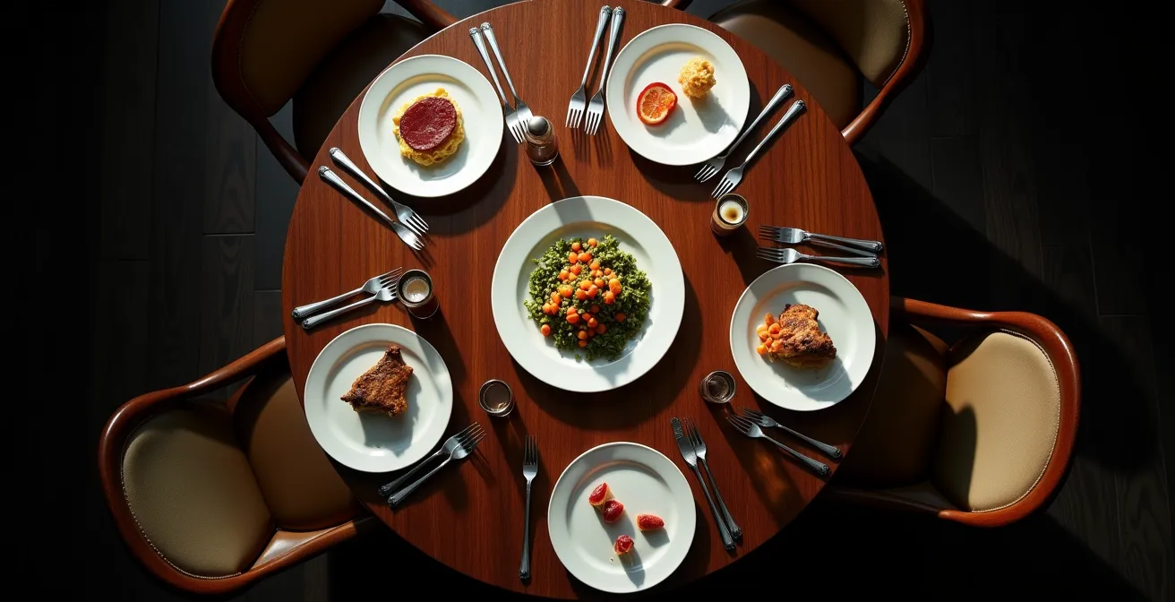 Groupe diversifié de convives autour d'une table avec options végétariennes et carnées