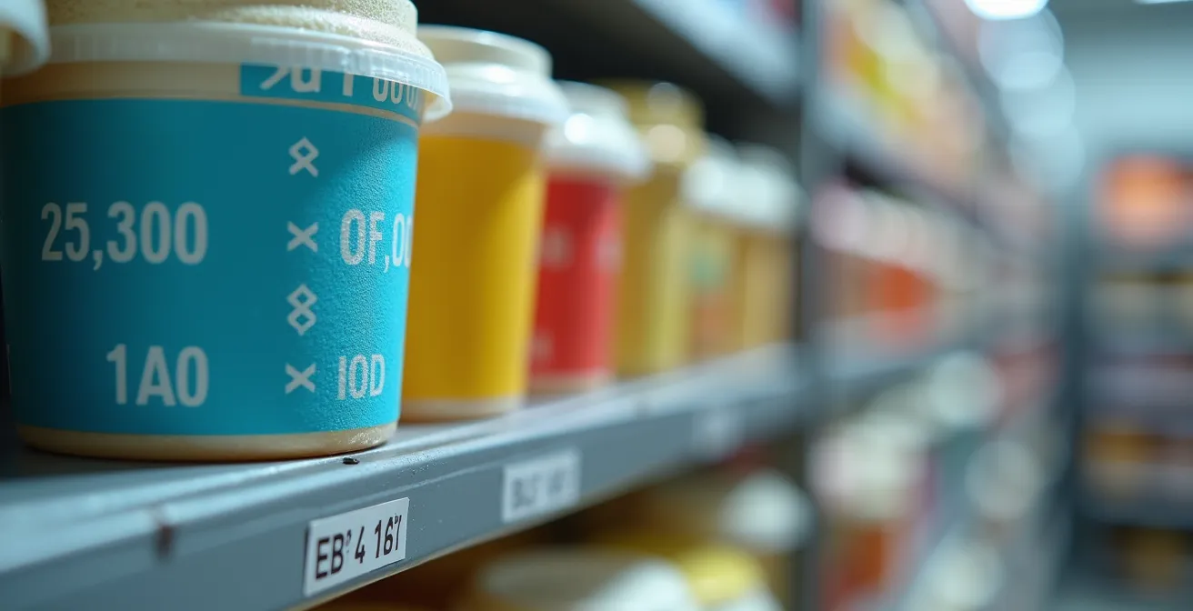 Gros plan sur des étiquettes colorées de DLC dans une chambre froide professionnelle