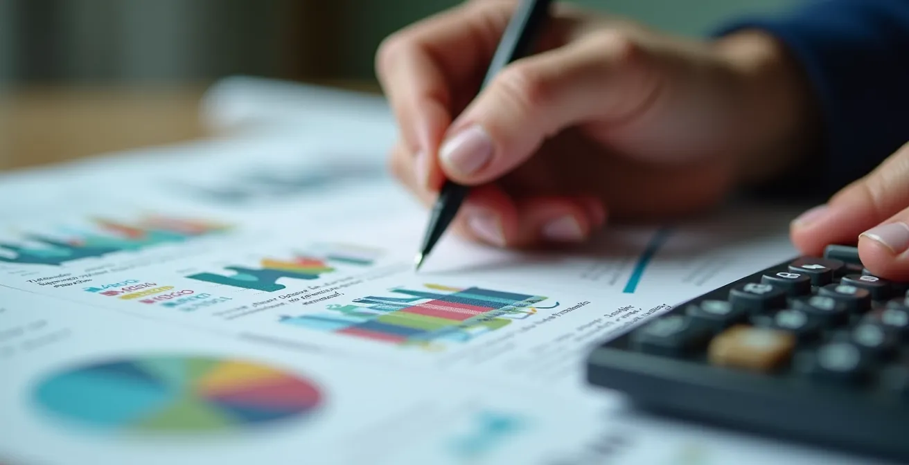 Main annotant une fiche de paie avec calculatrice et stylo