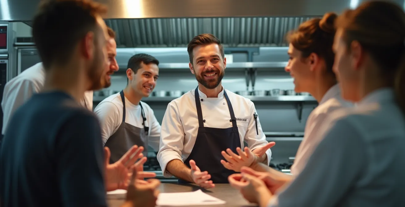 Équipe de cuisine en formation courte autour du chef, ambiance de transmission et d'apprentissage