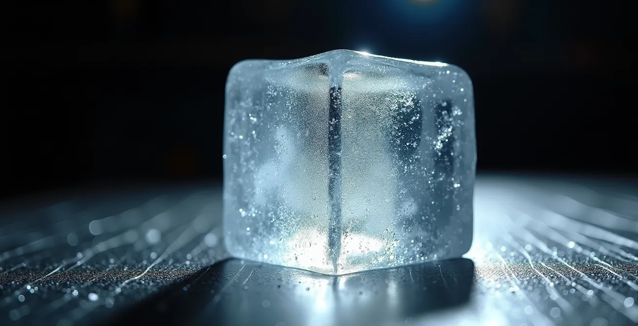 Gros plan sur des glaçons cristallins parfaitement transparents dans un verre à cocktail haut de gamme