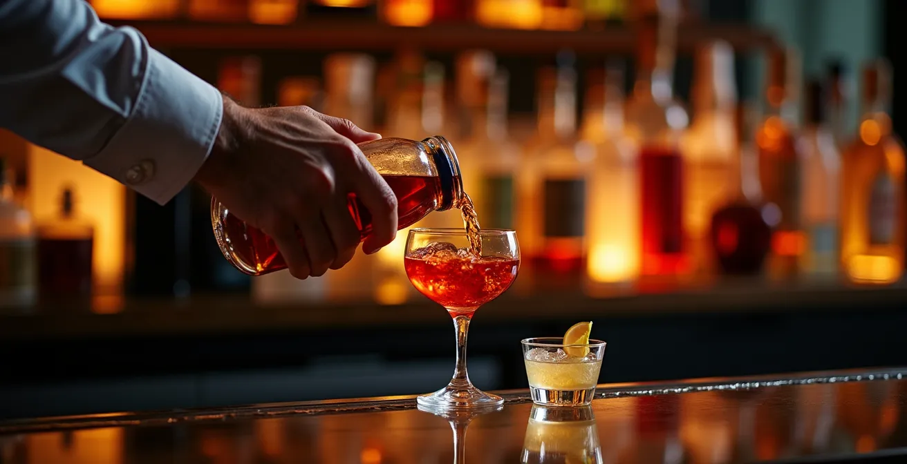 Manager d'entreprise préparant un cocktail derrière le bar lors d'un événement Guest Bartending