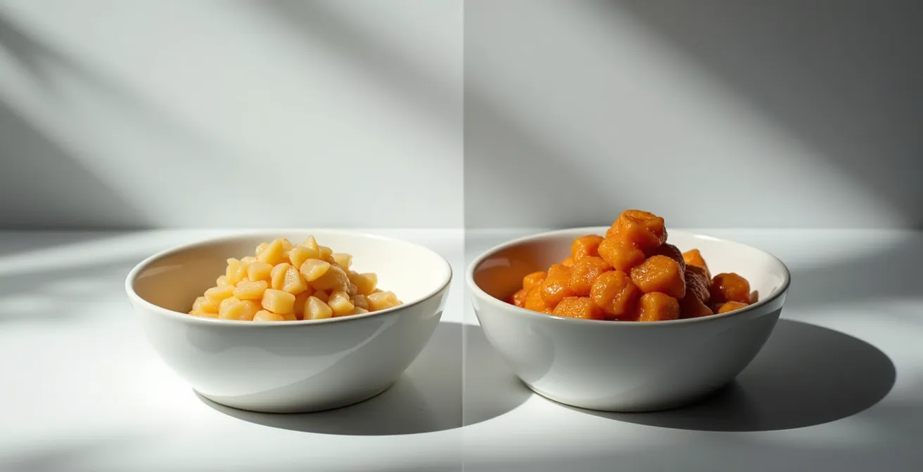 Comparaison visuelle entre deux plats de buffet avec la même quantité de nourriture mais des perceptions différentes