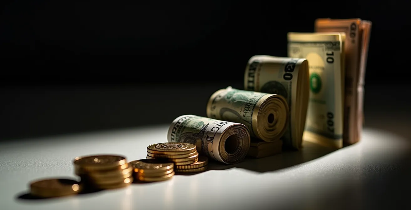 Graphique visuel avec pièces et billets montrant l'effet cascade d'une erreur de calcul