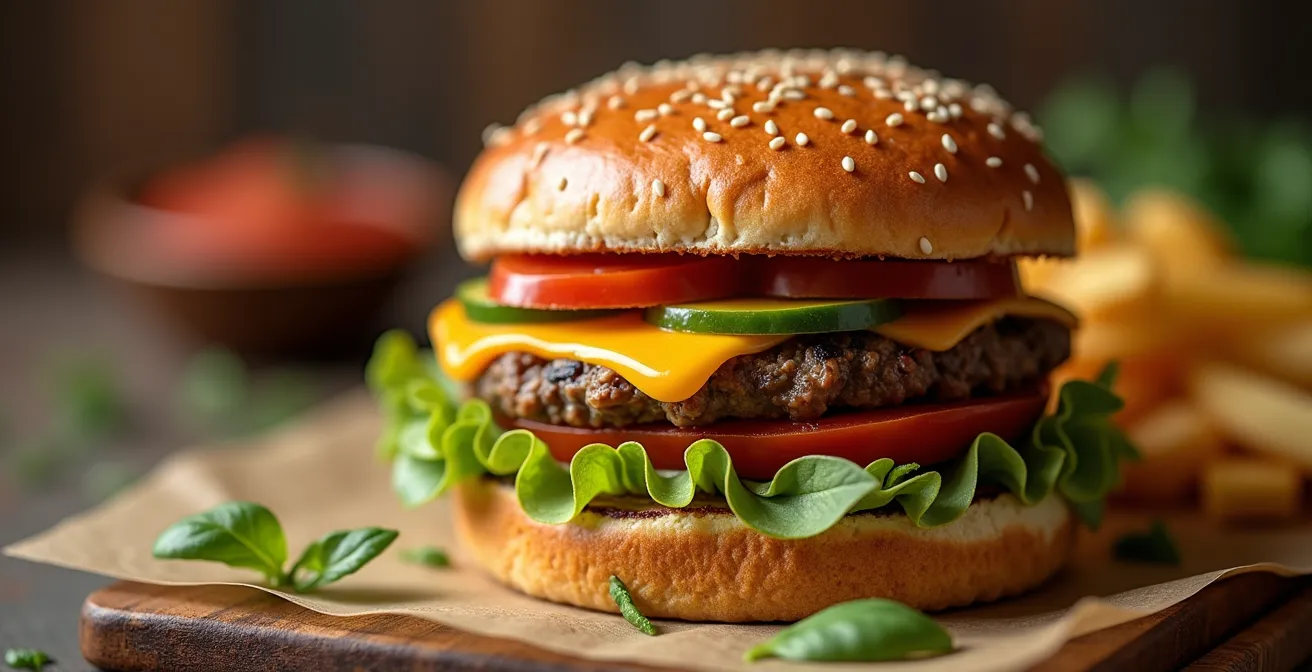 Burger artisanal avec ingrédients locaux sur planche de présentation