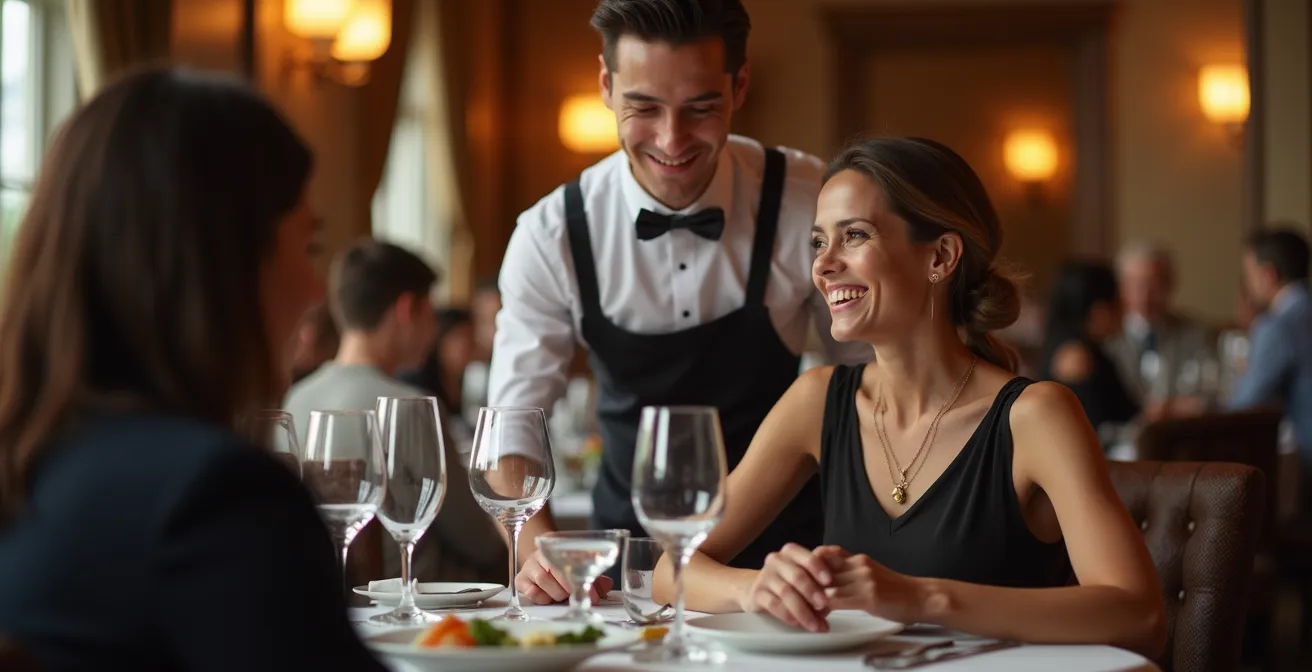 Gros plan sur interaction entre serveur professionnel et client dans ambiance restaurant haut de gamme