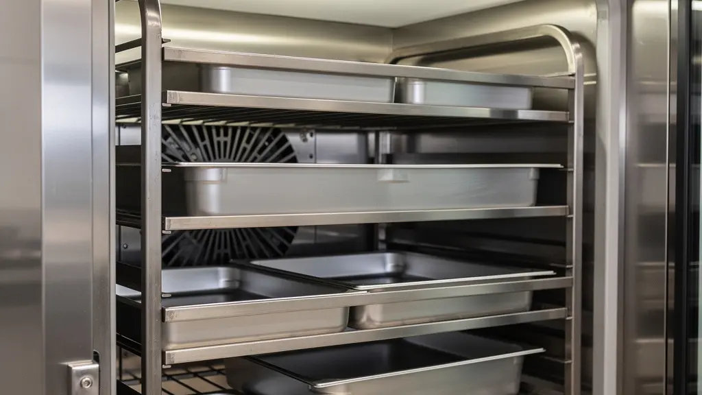 Vue intérieure d'une cellule de refroidissement montrant les rails et bacs gastronorme sur plusieurs niveaux