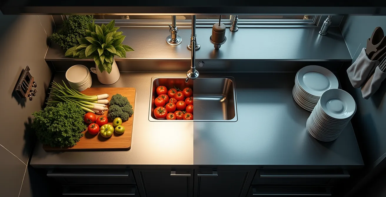 Vue aérienne d'une cuisine professionnelle montrant la séparation claire entre zones propres et sales