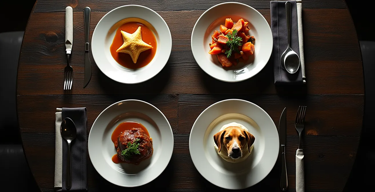 Vue aérienne d'une table de restaurant avec différents plats disposés selon une grille imaginaire