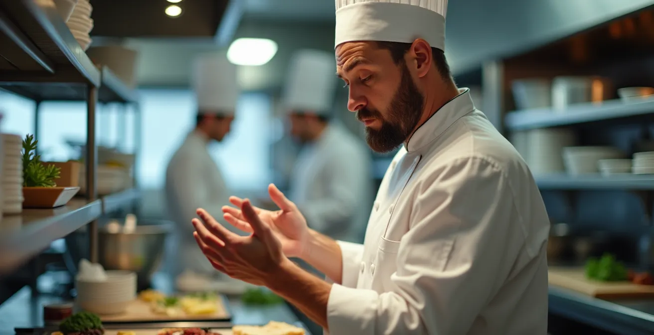 Cuisine professionnelle en phase de préparation avant service avec chef vérifiant les postes