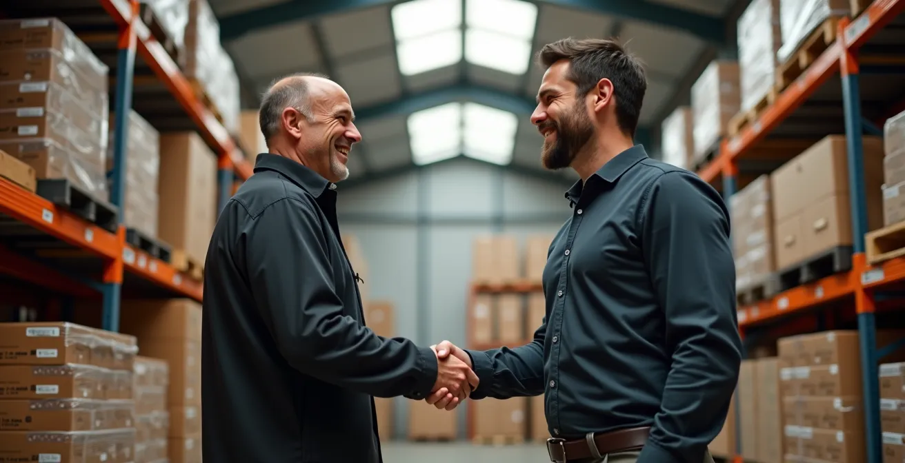 Poignée de main entre un restaurateur et un fournisseur dans un entrepôt alimentaire, symbolisant un accord de partenariat saisonnier
