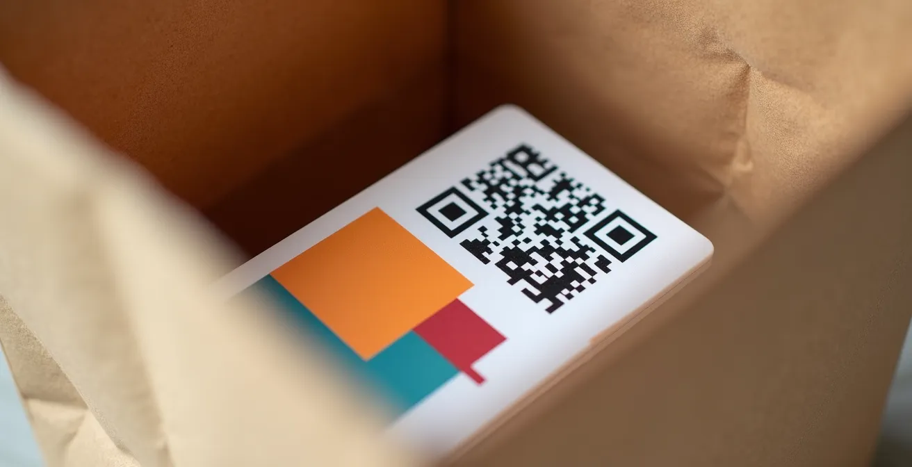 Vue macro d'un flyer promotionnel avec code QR dans un sac de livraison restaurant