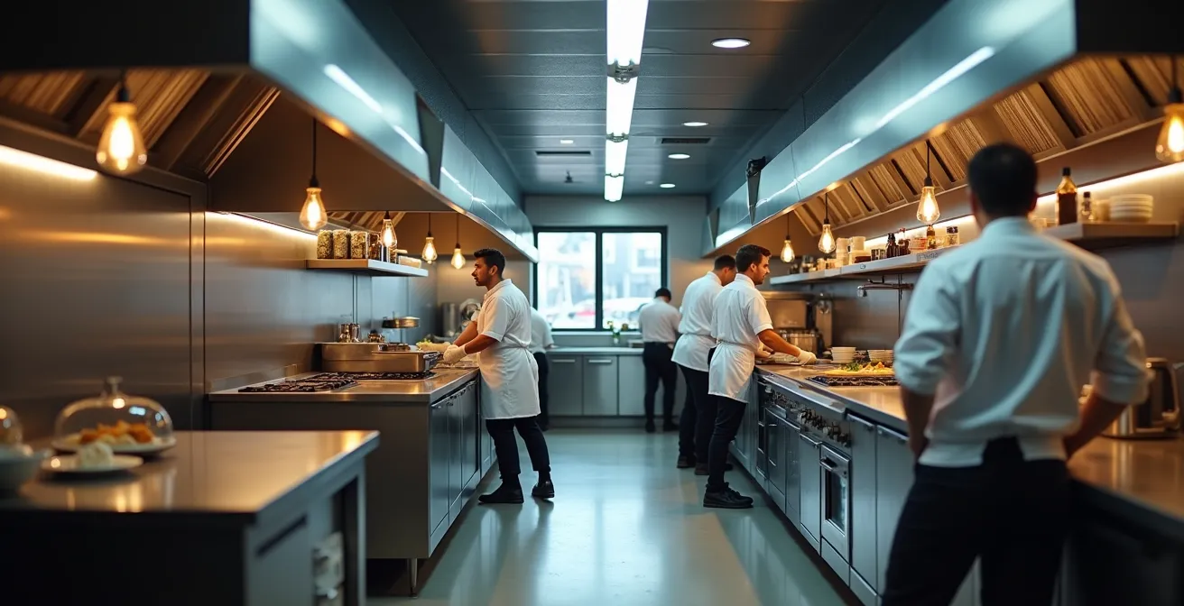 Vue large d'une cuisine professionnelle montrant deux équipes en rotation lors du changement de service
