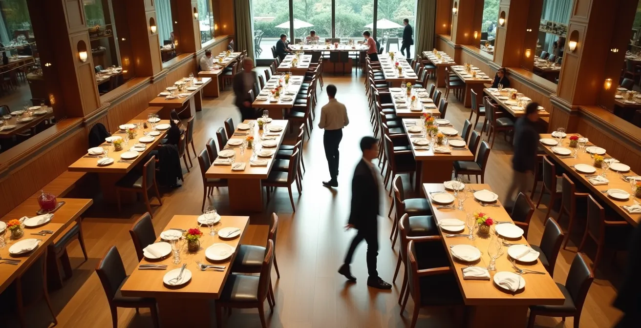 Vue aérienne d'un buffet organisé en îlots thématiques avec circulation fluide des clients