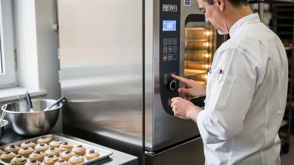 Pâtissier consultant l'écran de contrôle d'une cellule de refroidissement avec plaques Euronorme visibles