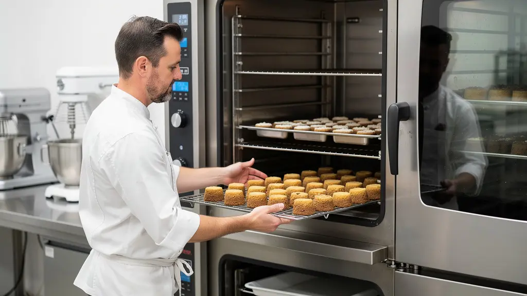 Pâtissier plaçant une grille de gâteaux dans une cellule de refroidissement professionnelle