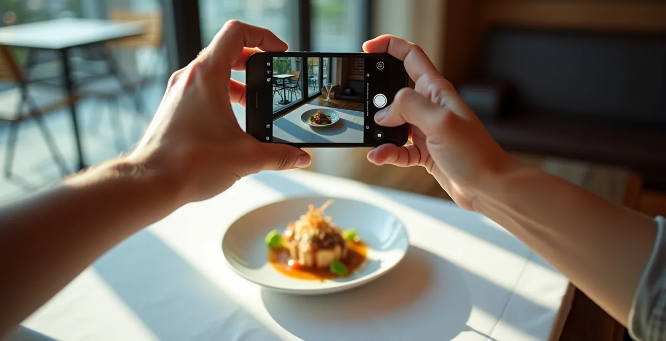 Mains tenant un smartphone photographiant un plat gastronomique près d'une fenêtre avec lumière naturelle douce