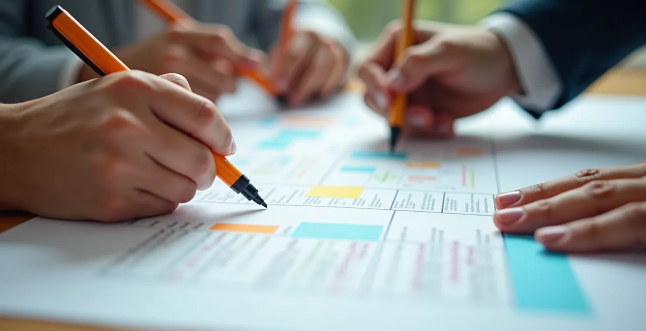 Gros plan sur des mains manipulant un planning de congés avec des marqueurs colorés sur une table de réunion